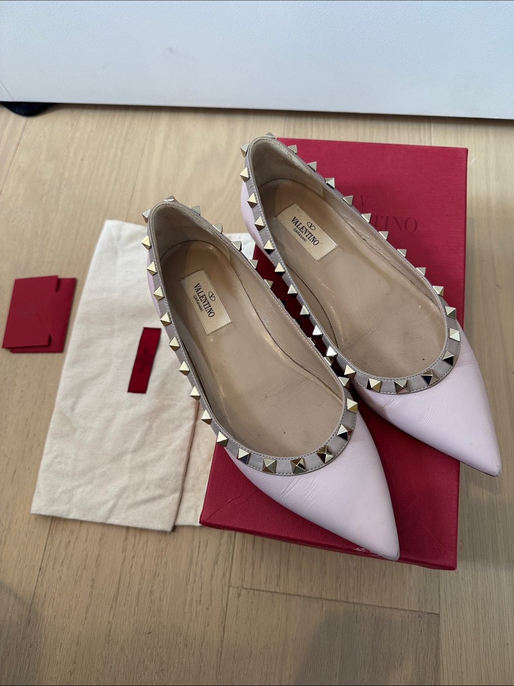 Valentino Garavani Pink Leather Rockstud Pointed Flats with Gold Studs